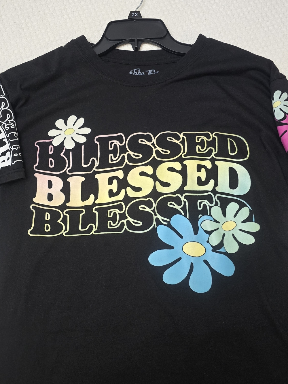 Womens "Blessed" Black Graphic Tee with Pastel Flowers